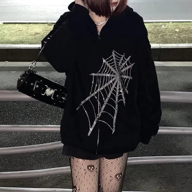 Women Gothic Black Zip Up Hoodie